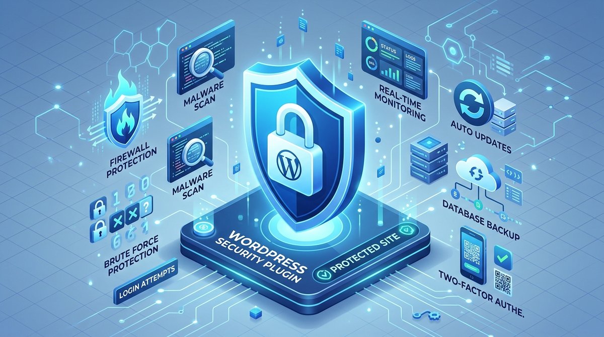 Isometric 3D illustration showing WordPress security shield plugin with lock icon, surrounded by flo