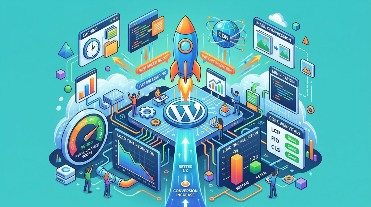 Isometric 3D illustration of website speed optimization concept, rocket launching from WordPress log