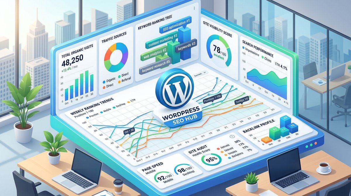 Isometric 3D illustration of SEO dashboard with ranking charts and analytics, WordPress icon at cent