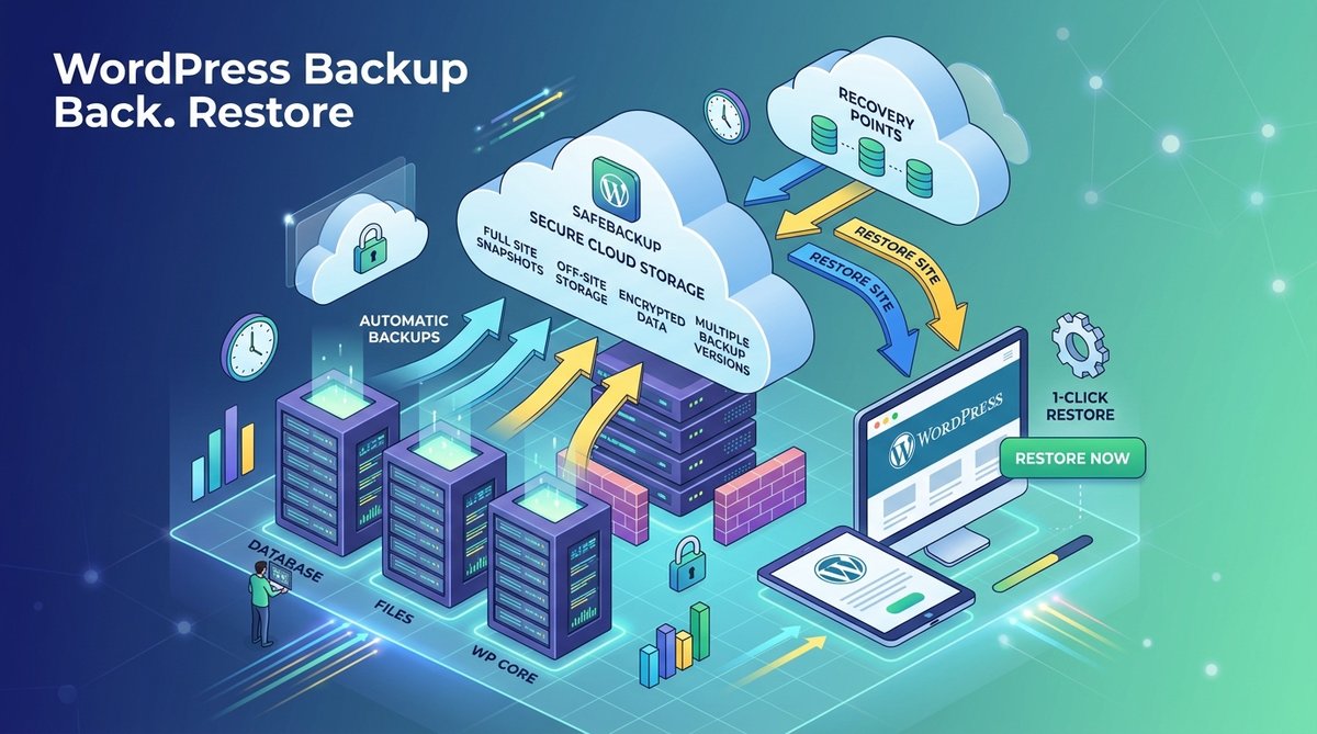 Isometric 3D illustration of WordPress backup and restore concept, cloud storage with arrows, layere