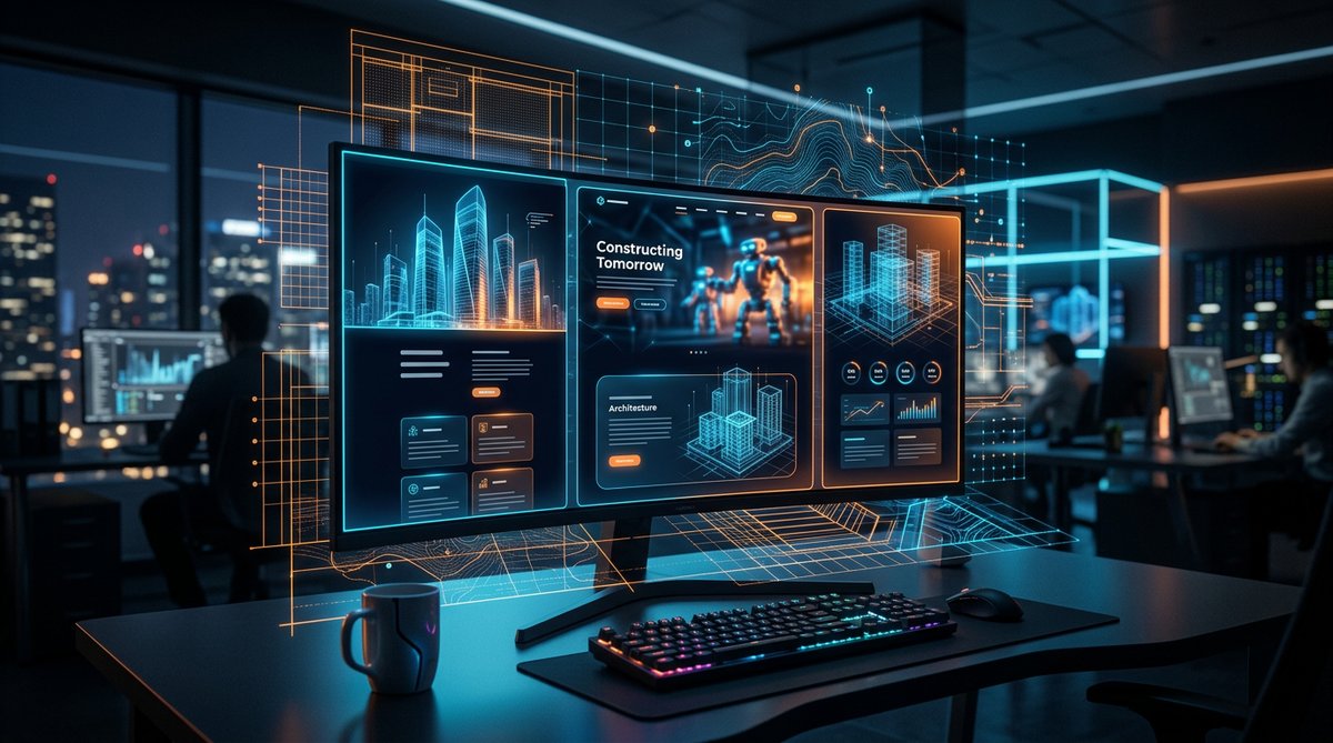 futuristic construction company website displayed on a sleek monitor with neon blue and orange glow,