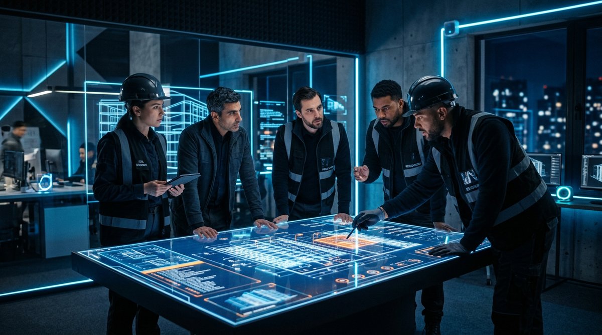 professional construction company team meeting in modern dark office with blue neon lighting, worker