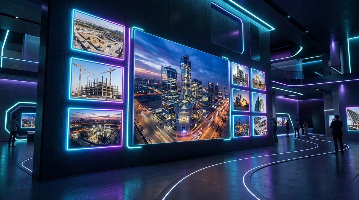impressive construction project portfolio gallery with glowing thumbnails, aerial drone shot of comp