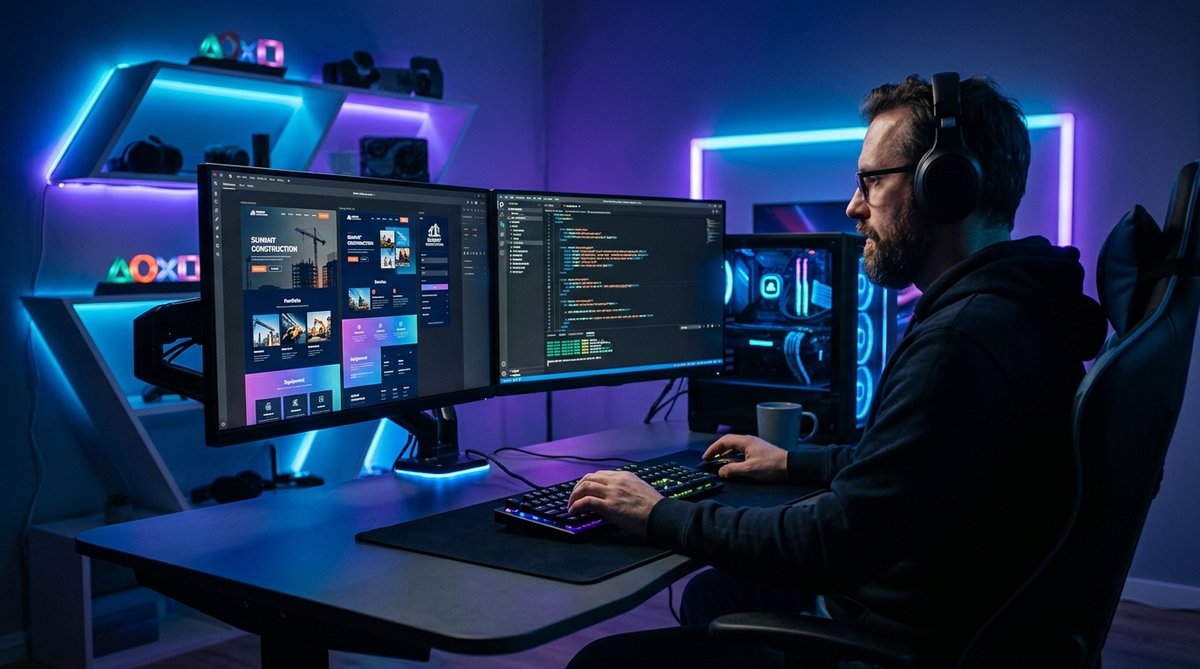 experienced web developer working on construction company website design, dual monitors showing webs