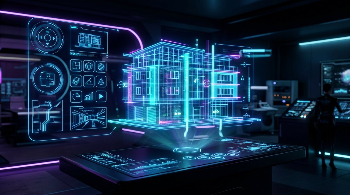 3D building visualization and virtual tour interface with holographic construction model, futuristic