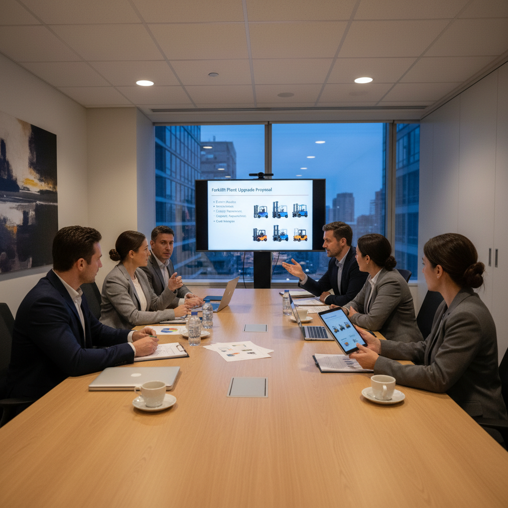 Corporate business meeting with professionals discussing forklift procurement, modern conference roo