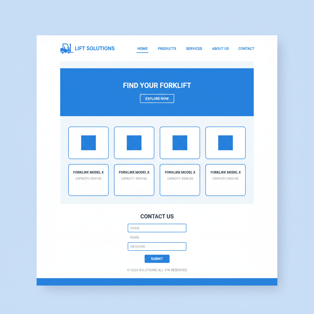 Flat illustration showing website wireframe for forklift company, clean modern UI design layout, pro