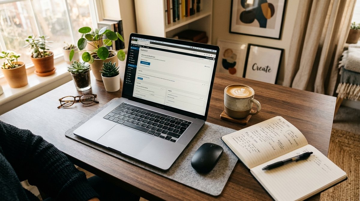Unsplash-style workspace photo showing WordPress dashboard on a laptop screen, modern home office de