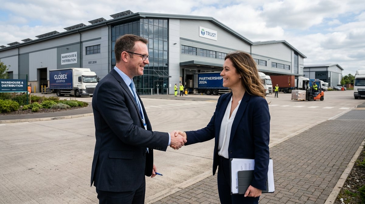 Business professional handshake in front of modern warehouse building, partnership and trust concept