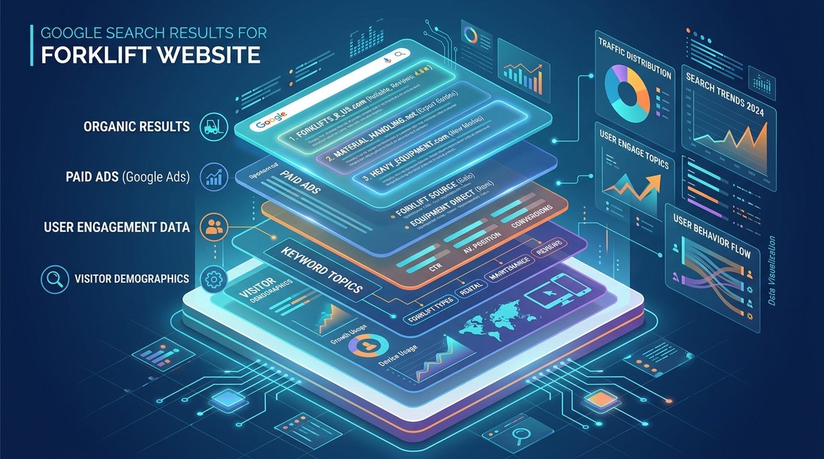 Isometric layered infographic showing Google search results for forklift website, data visualization
