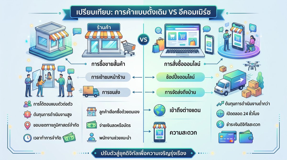 Infographic showing comparison between traditional commerce and e-commerce with icons representing s