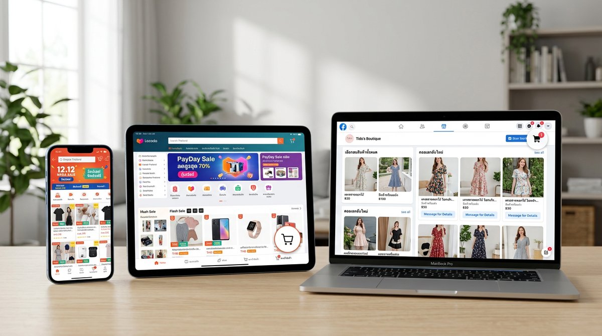 Screenshot mockup showing popular Thai e-commerce platforms (Shopee, Lazada, Facebook Shop) displaye