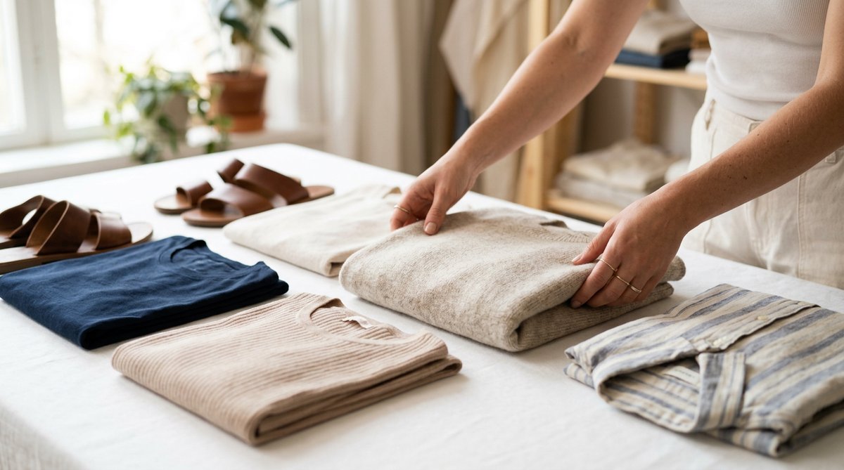 Hands arranging clothing products on a clean white background with natural lighting, professional pr