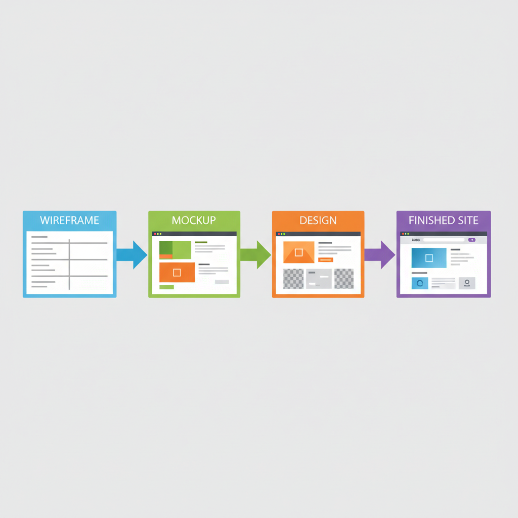 Flat vector illustration of website design process from wireframe to finished site, colorful blocks