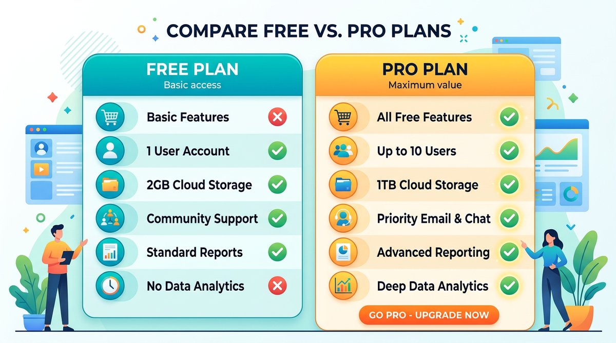 Flat illustration comparing Free vs Pro plans with two columns, icons and checkmarks, vibrant colors