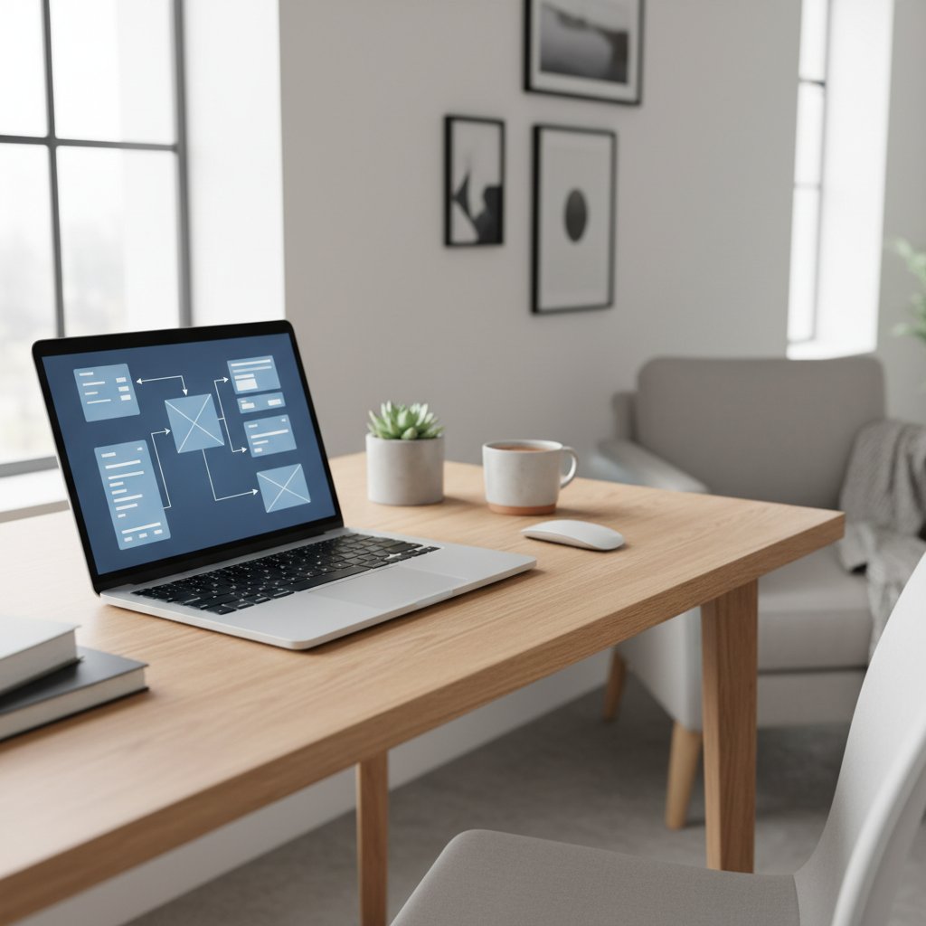 unsplash workspace style — มี laptop กำลังแสดง wireframe/prototype บนจอ โต๊ะทำงานสะอาด แสงธรรมชาติ