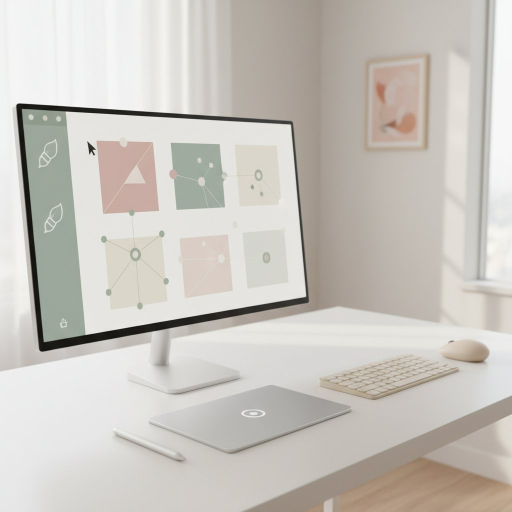 minimalist — โชว์เครื่องมือออกแบบดิจิทัลบนหน้าจอ โทนสีนุ่ม มี whitespace