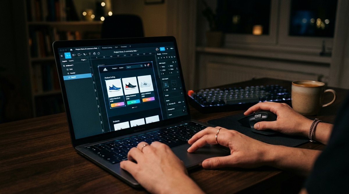 photograph — มือคนกำลังใช้ Figma บน laptop เห็น interface บนจอชัดๆ แสงจากจอ โทนมืด