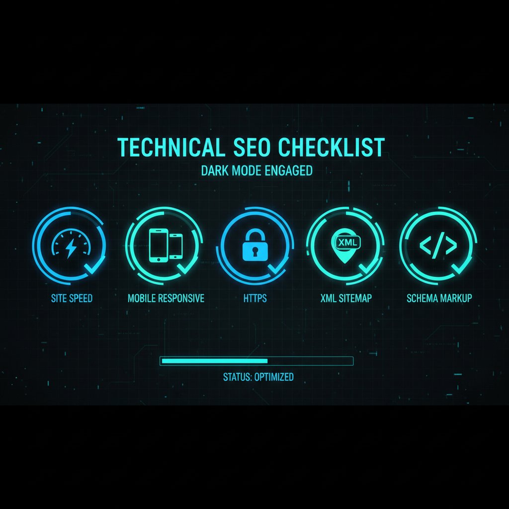 แผนผัง Technical SEO Checklist แสดง Site Speed, Mobile, HTTPS, Sitemap, Schema ที่ต้องดูแล