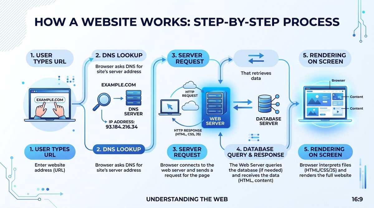 Infographic diagram showing how a website works step by step: user types URL, DNS lookup, server req