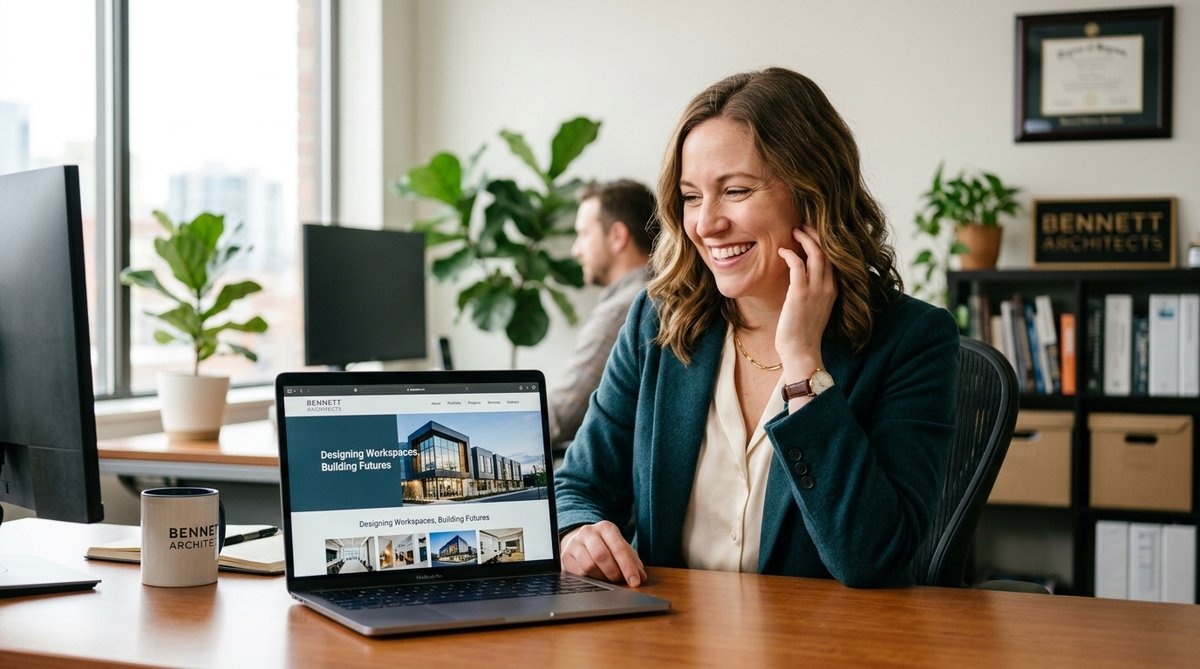 Photograph of a business owner looking happy at their laptop showing their company website, bright n