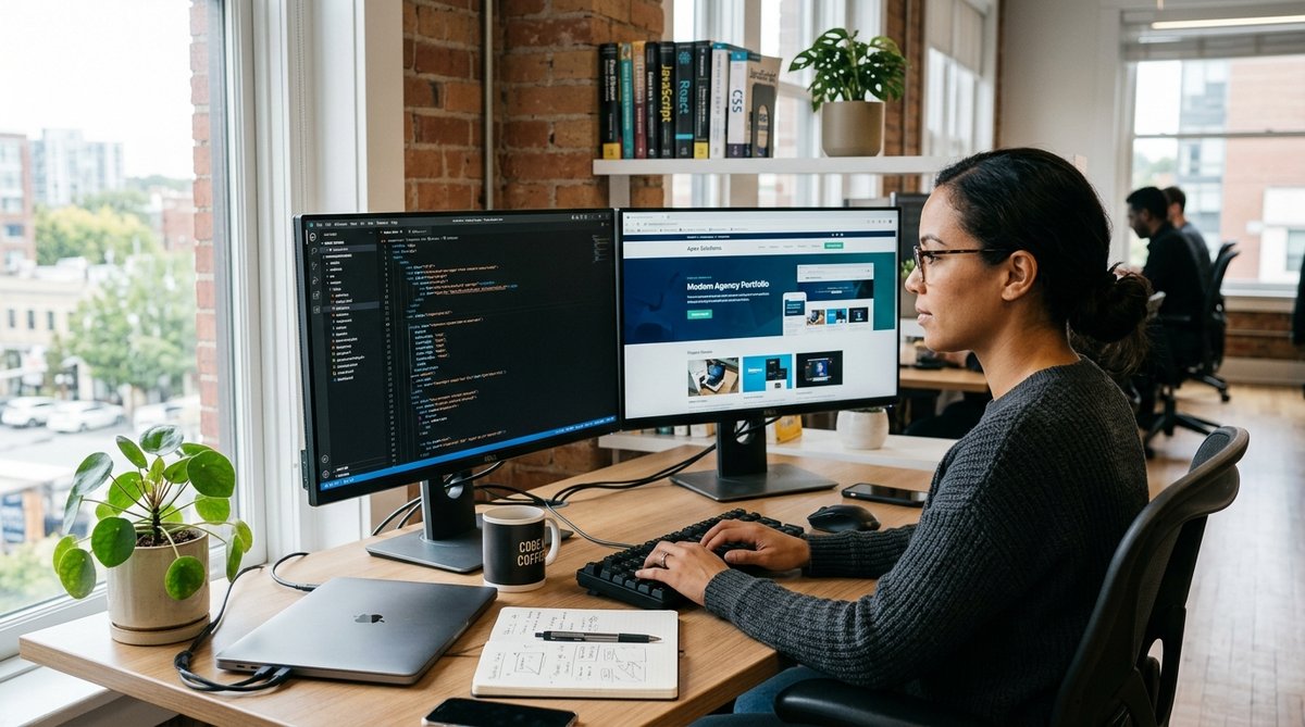 Photograph of a professional web developer working on dual monitors showing website code and design,