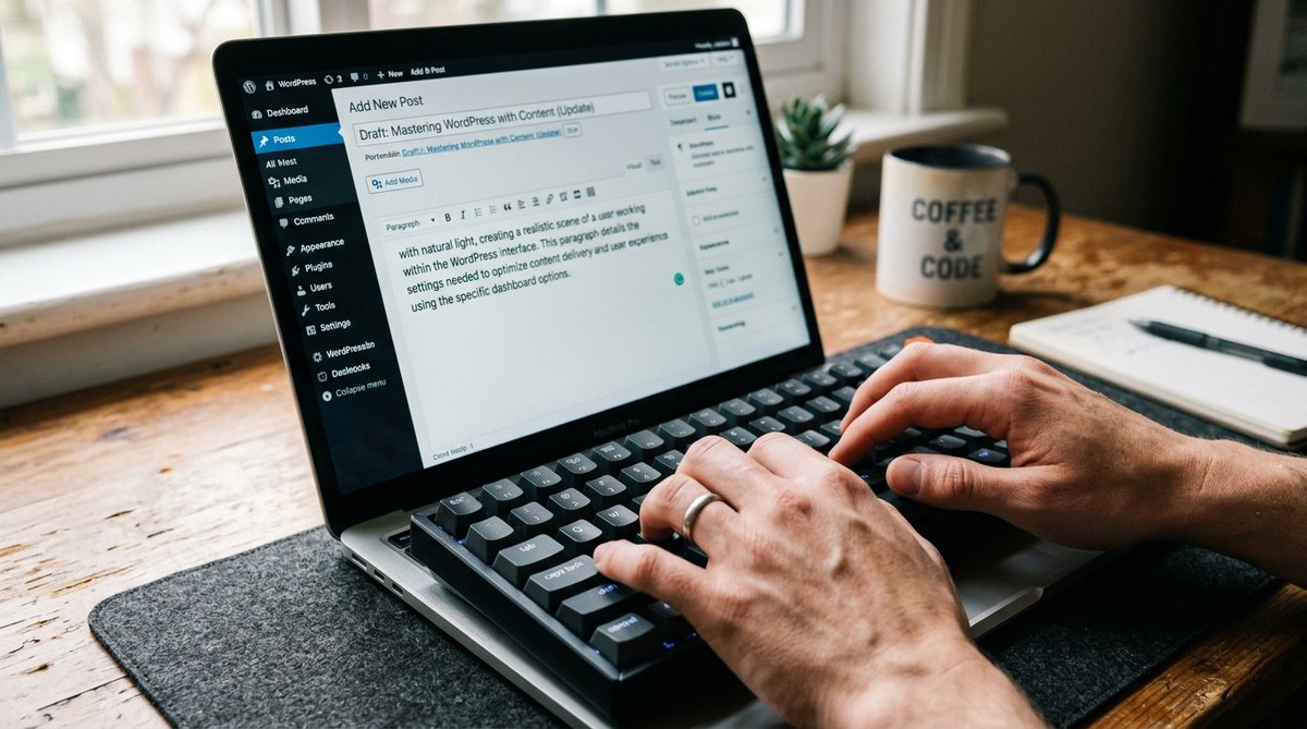 Photograph of hands typing on keyboard with WordPress admin panel on screen, close-up shot, natural