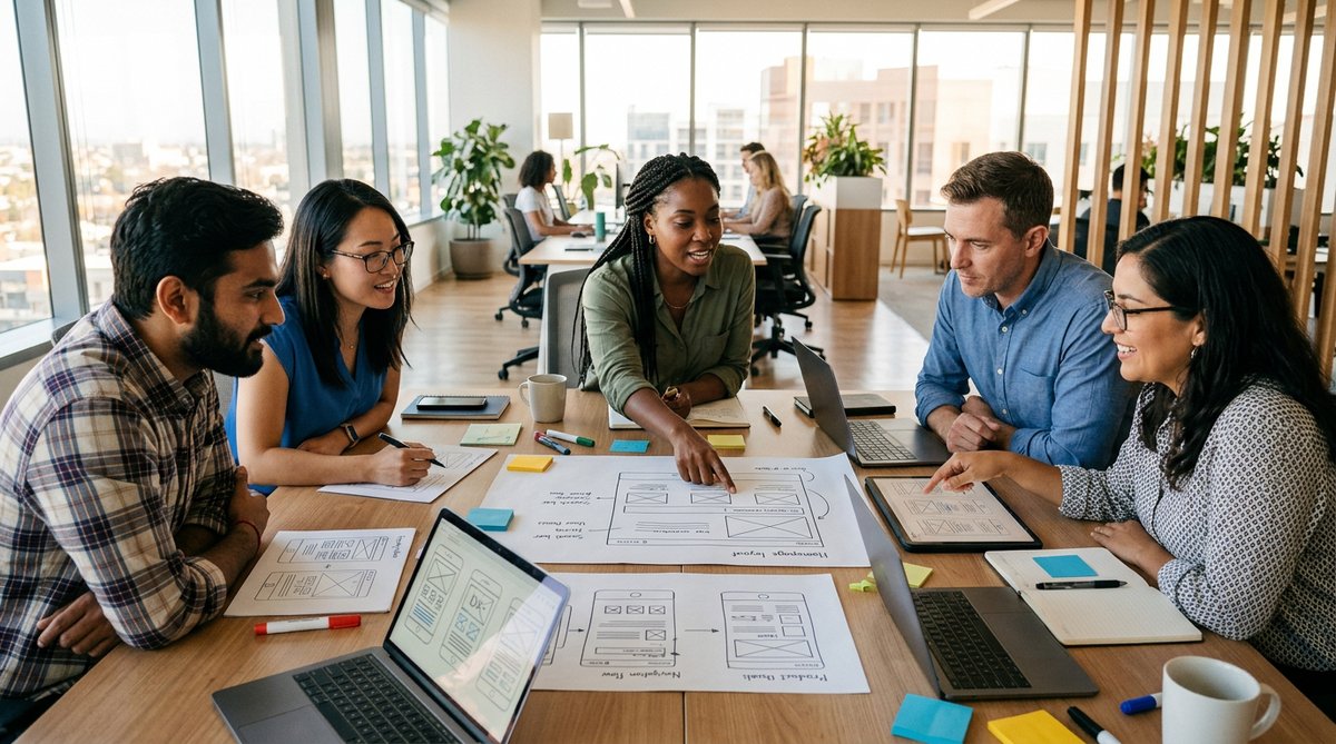 Photograph of a diverse team collaborating around a table with website wireframes, bright modern off