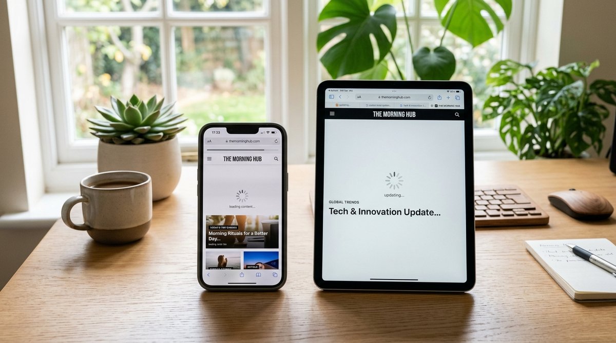 Photograph of a website loading on smartphone and tablet side by side, clean desk, morning light thr