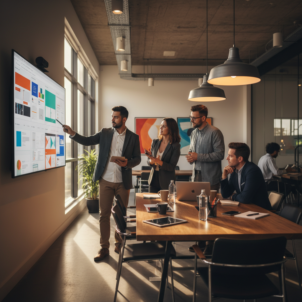 Unsplash-style photo of a business meeting in modern office, people discussing website mockups on a