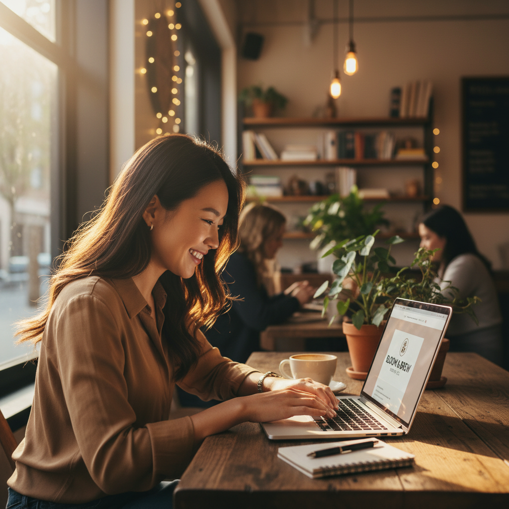 Unsplash-style photo of a small business owner smiling at their new website on laptop, cozy coffee s