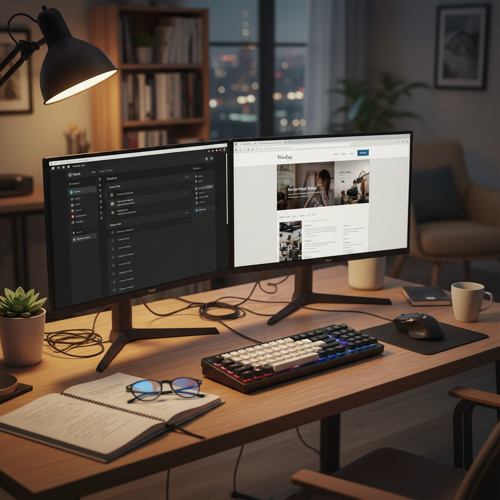 Unsplash-style photo of a developer desk setup with two monitors showing WordPress admin and fronten