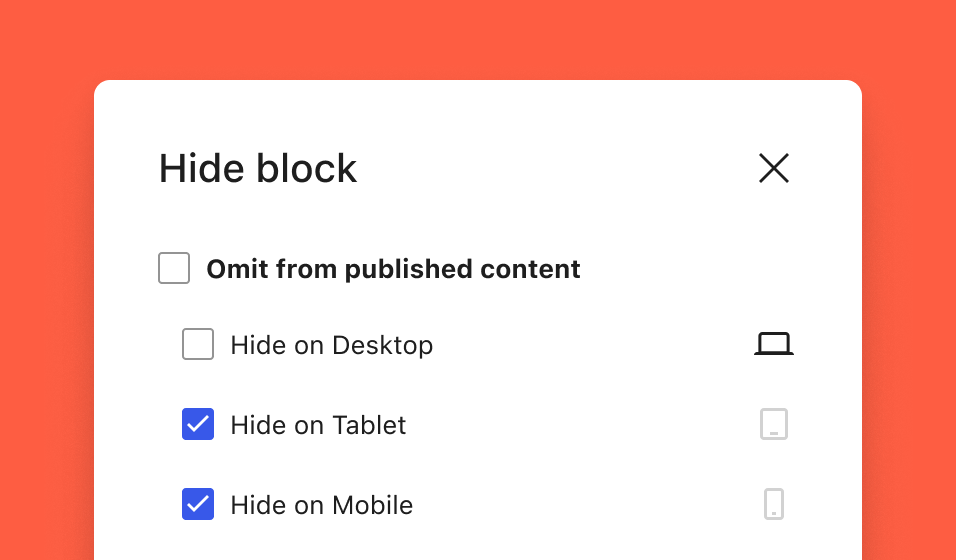 WordPress block visibility dialog showing checkboxes for mobile tablet desktop breakpoints with resp