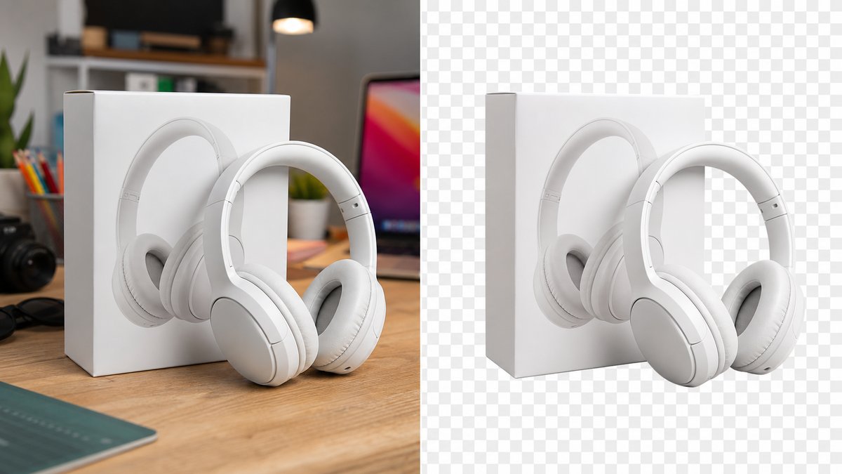 Before and after comparison of a product photo with background removed, left side shows original pho