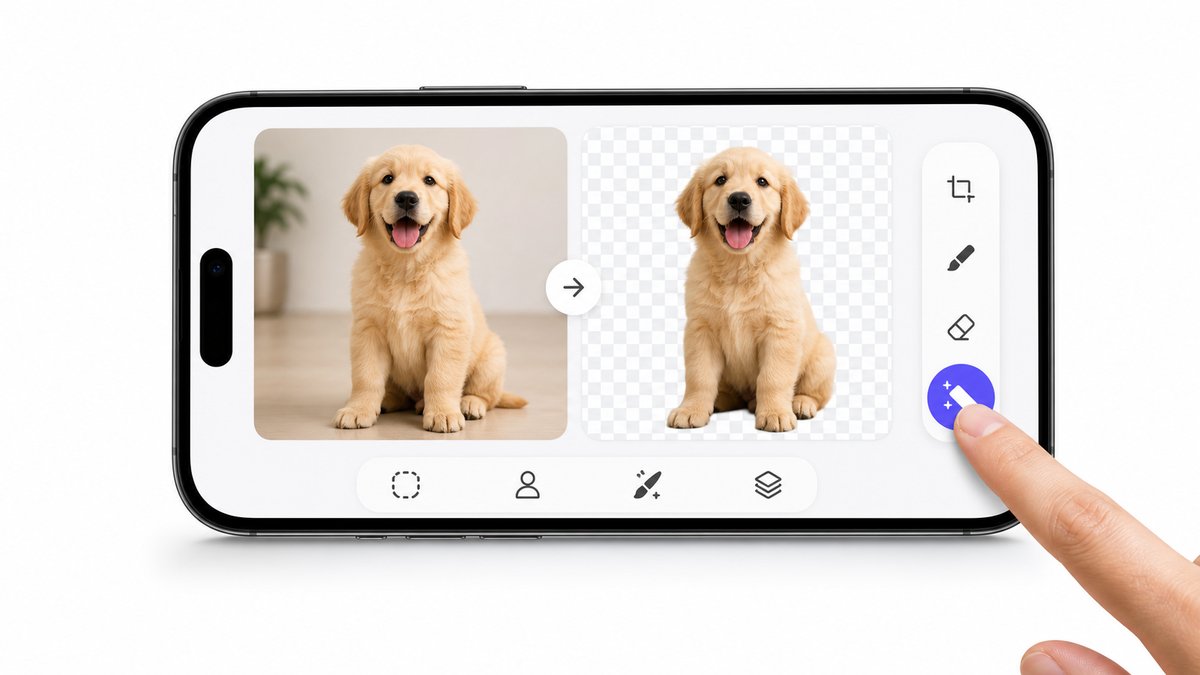 Mobile phone screen showing a background removal app interface with a finger tapping the remove butt