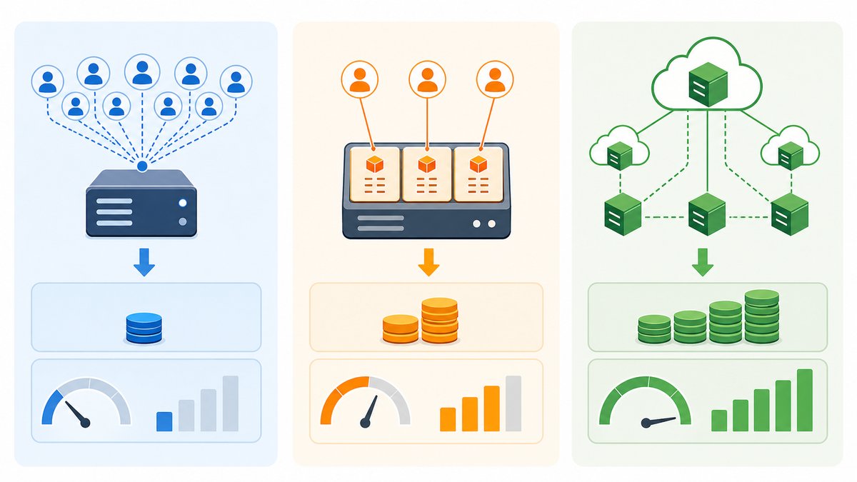 Professional diagram comparing shared hosting vs VPS vs cloud server costs and performance