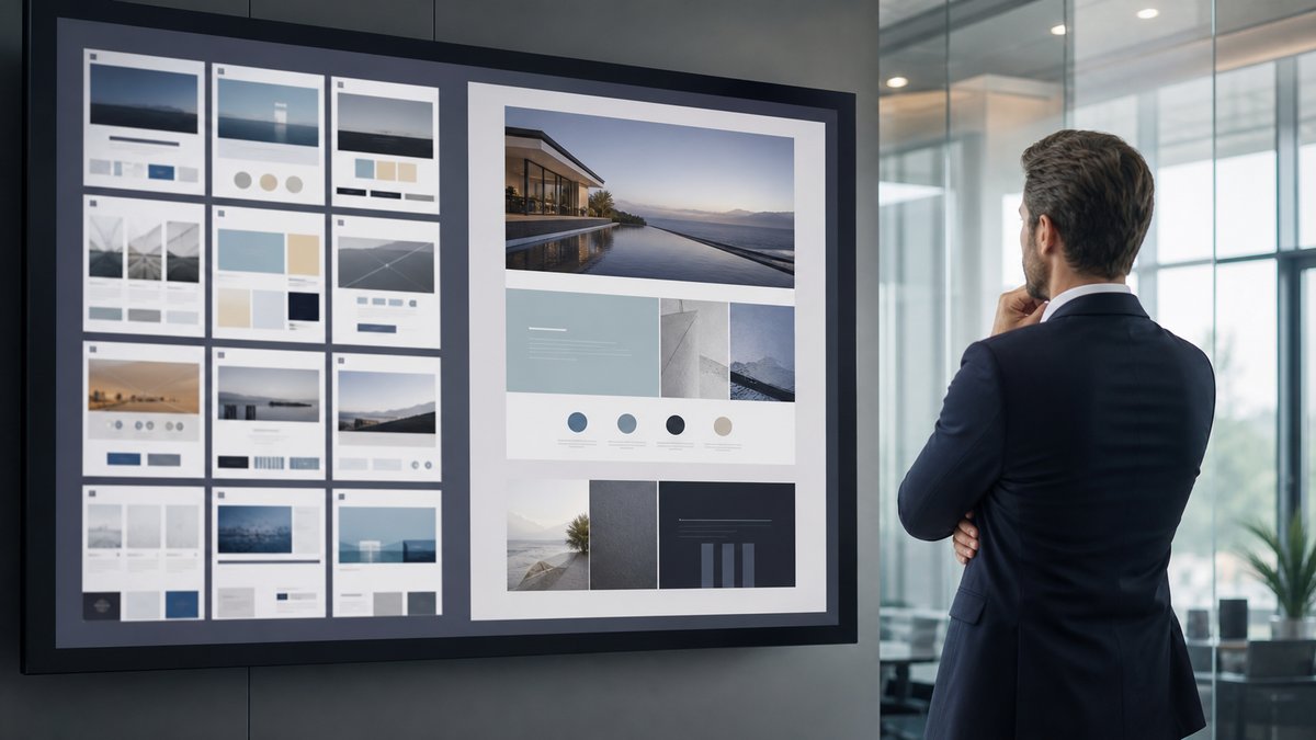 Business person comparing website design templates vs custom design on a large screen