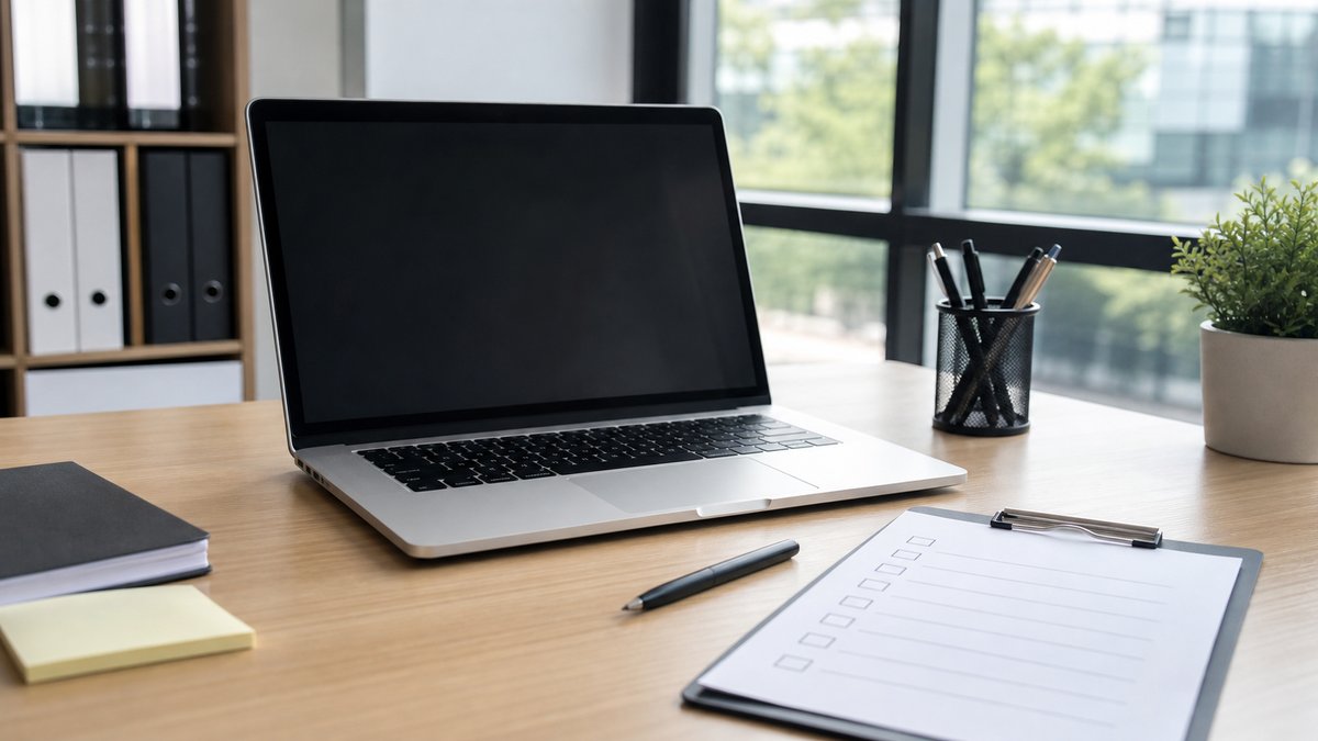 Professional office workspace with website maintenance checklist, clean corporate photography style