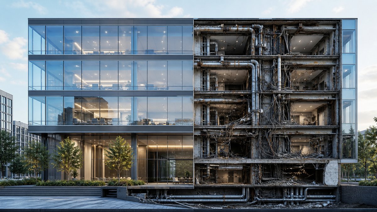 Beautiful modern office building facade that looks perfect from outside but inside shows broken pipe