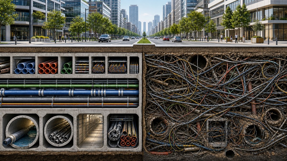 Underground infrastructure of a modern city showing organized pipelines and cables versus messy tang