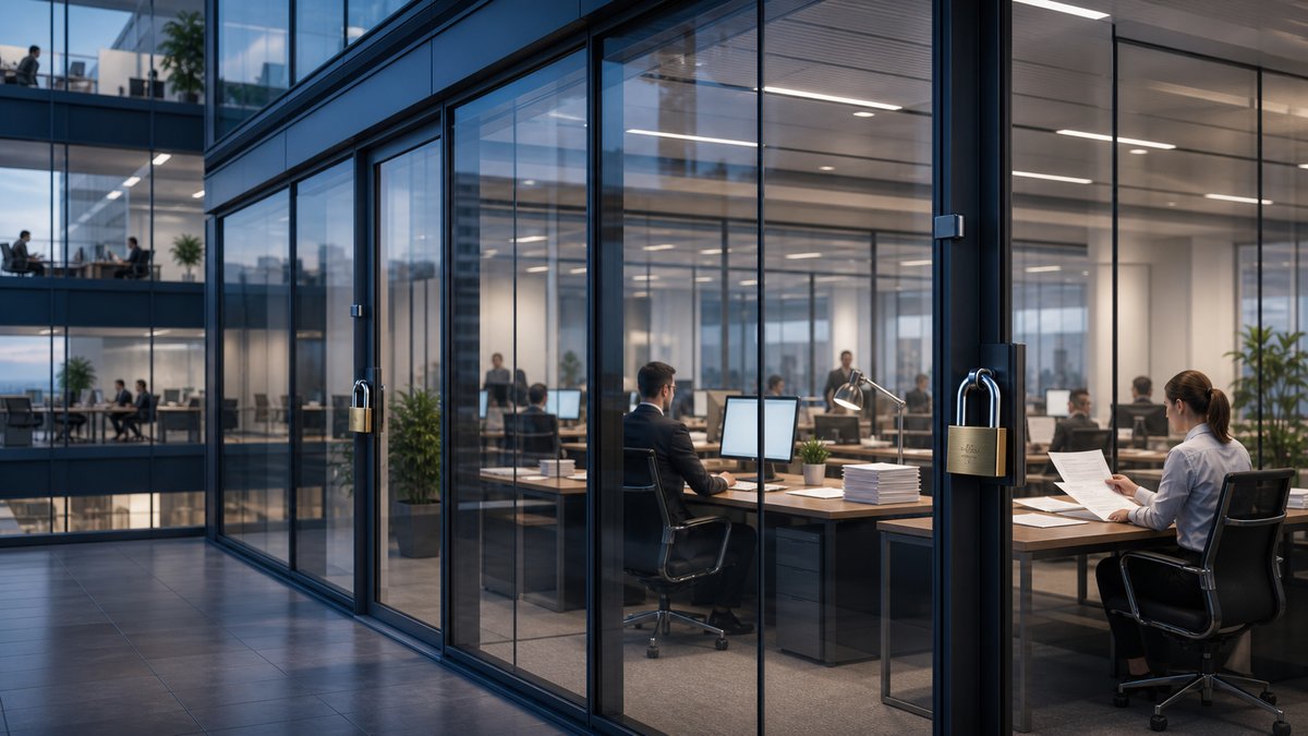 Office building with glass walls where employees can see each other's desks and documents, security