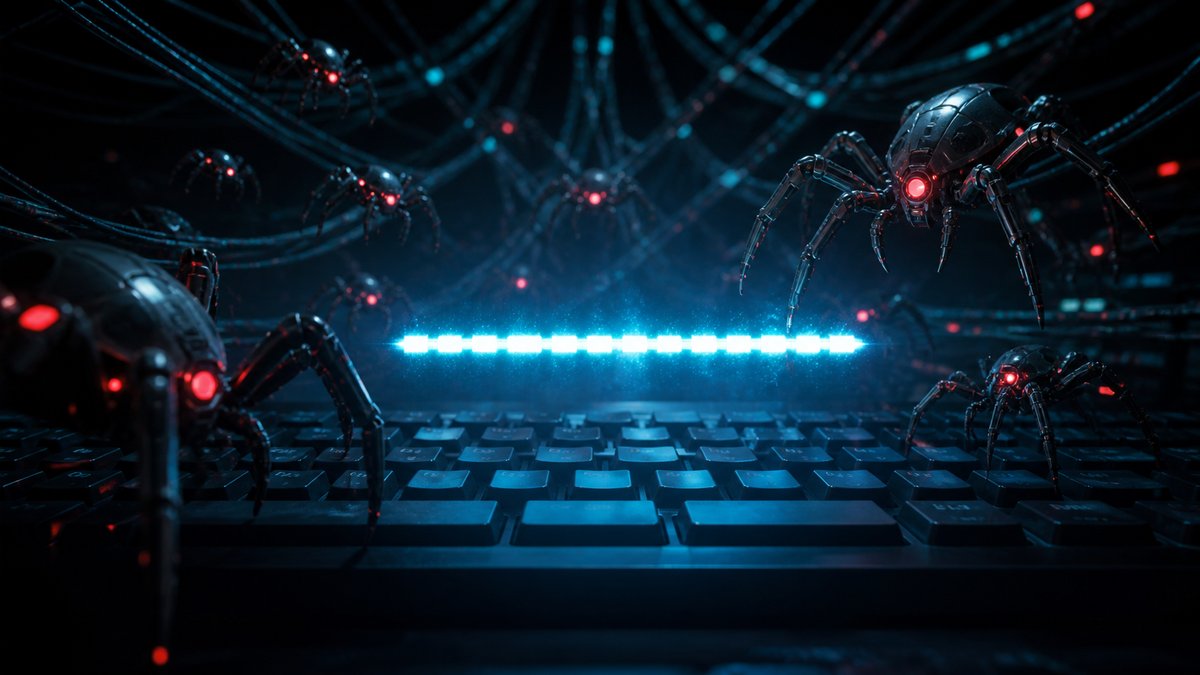Glowing API key string floating above keyboard with multiple spider bots crawling toward it from int