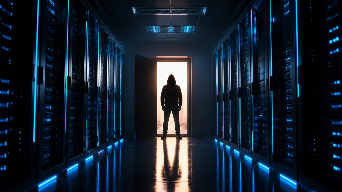 Modern server room with glowing blue lights but front door is wide open and a hacker figure standing