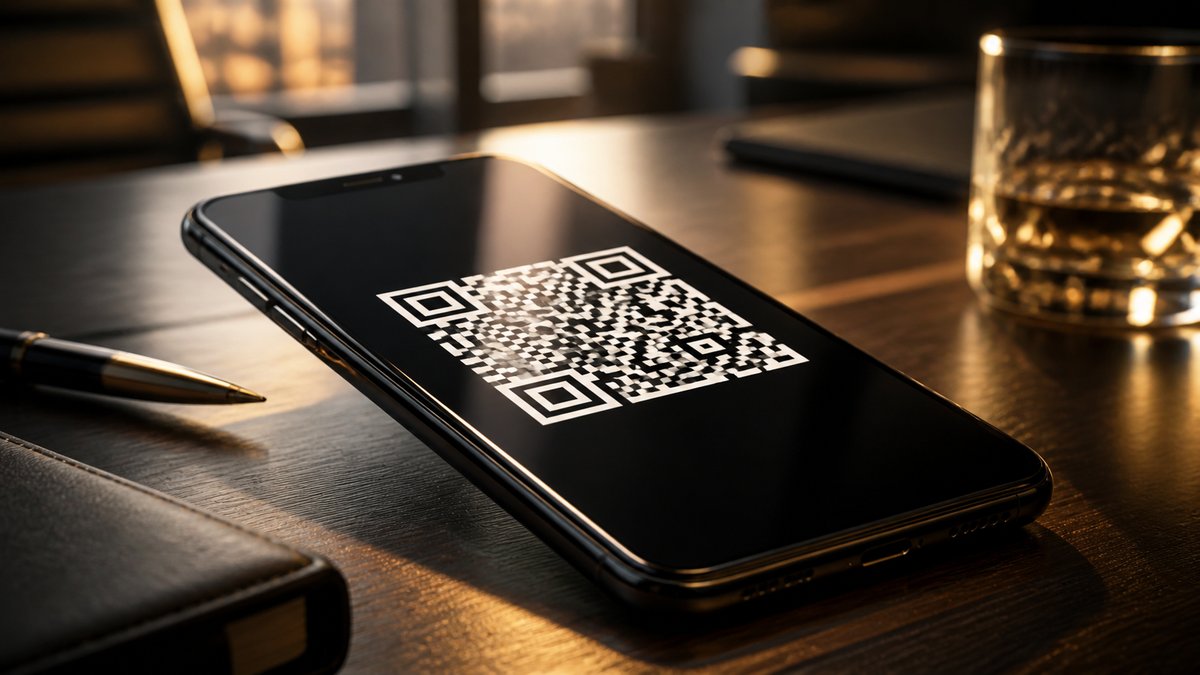Editorial magazine cover showing QR code on smartphone screen with dramatic warm lighting, business