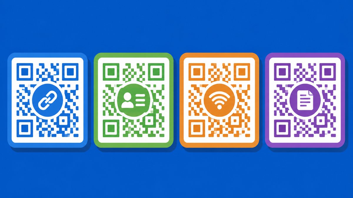 Flat illustration showing different types of QR codes including URL vCard WiFi and text formats, cle