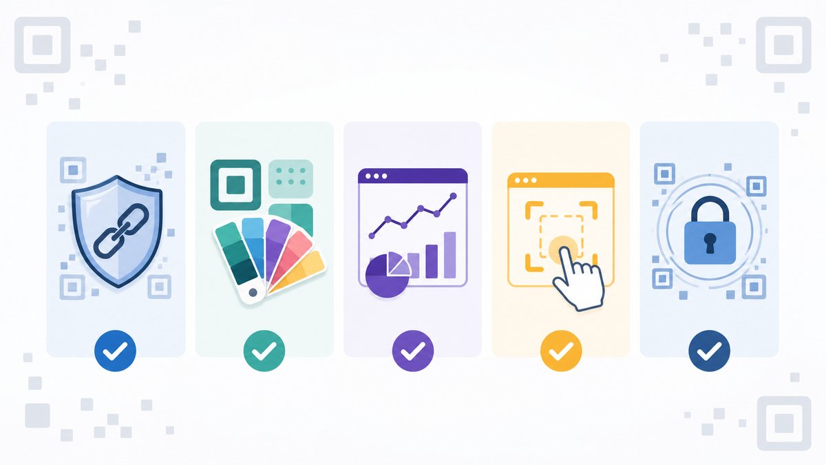 Minimalist infographic showing 5 criteria for choosing QR code generator, clean design with checkmar