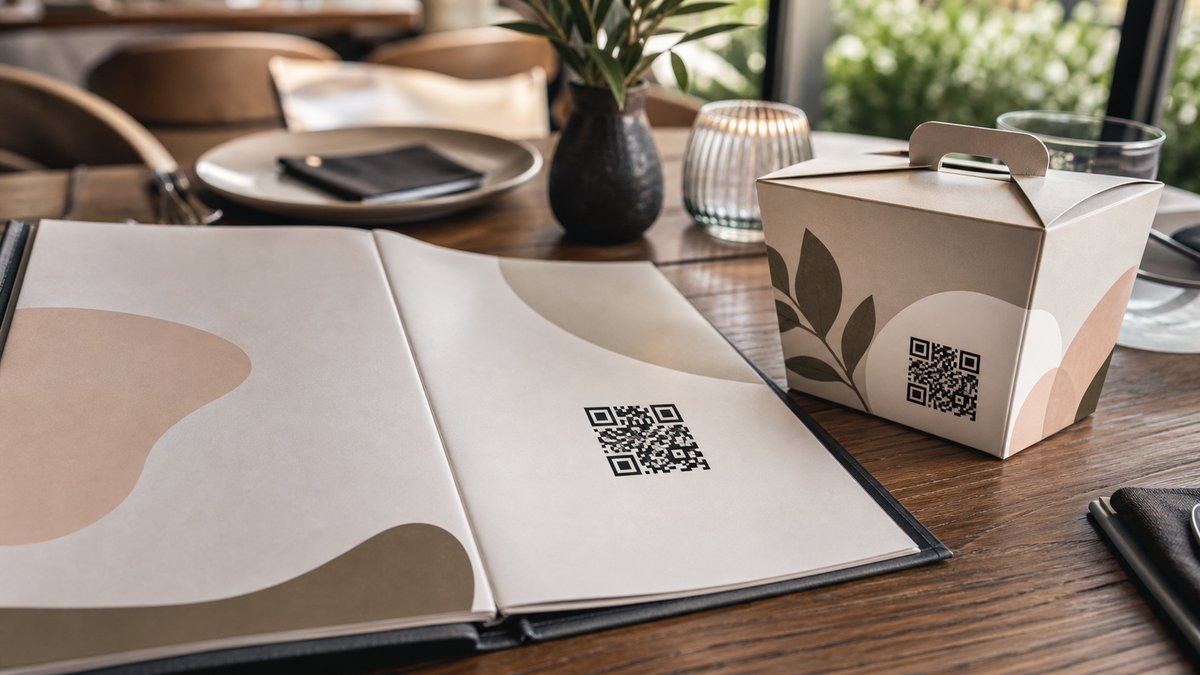 Business use case showing QR code on restaurant menu and product packaging, realistic photography st