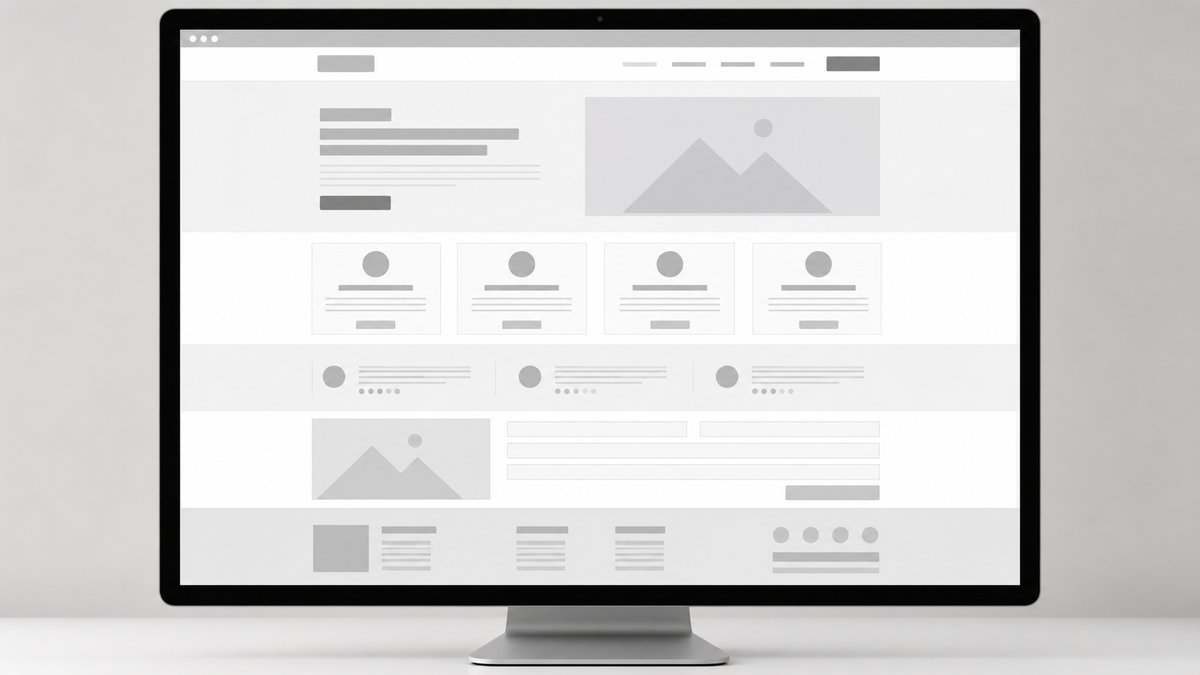 Website wireframe mockup on screen showing service business layout structure, professional design, N