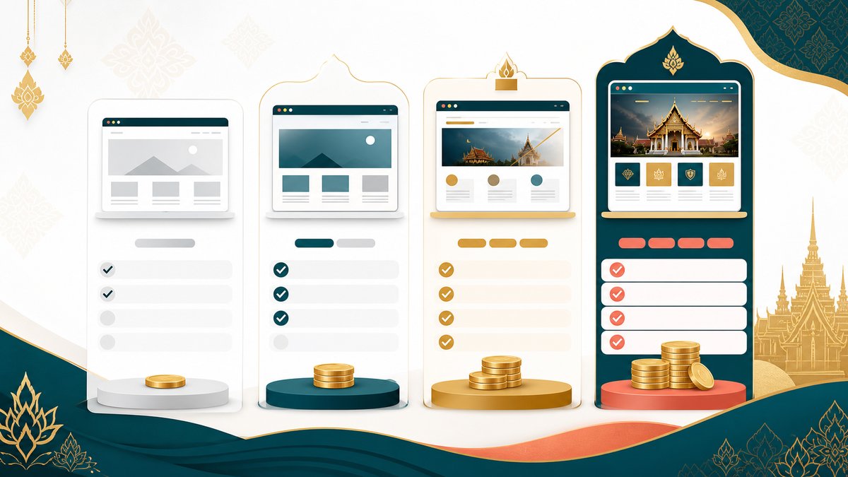 Price comparison infographic showing different website packages, clean design with Thai business aes