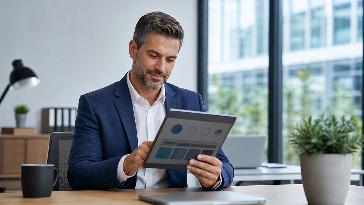 Professional business owner reviewing website checklist on tablet, confident expression, modern offi